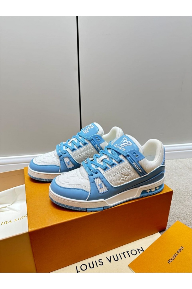 Lоuis Vuittоn Женские кожаные кроссовки Trainer Monogram - White / Blue