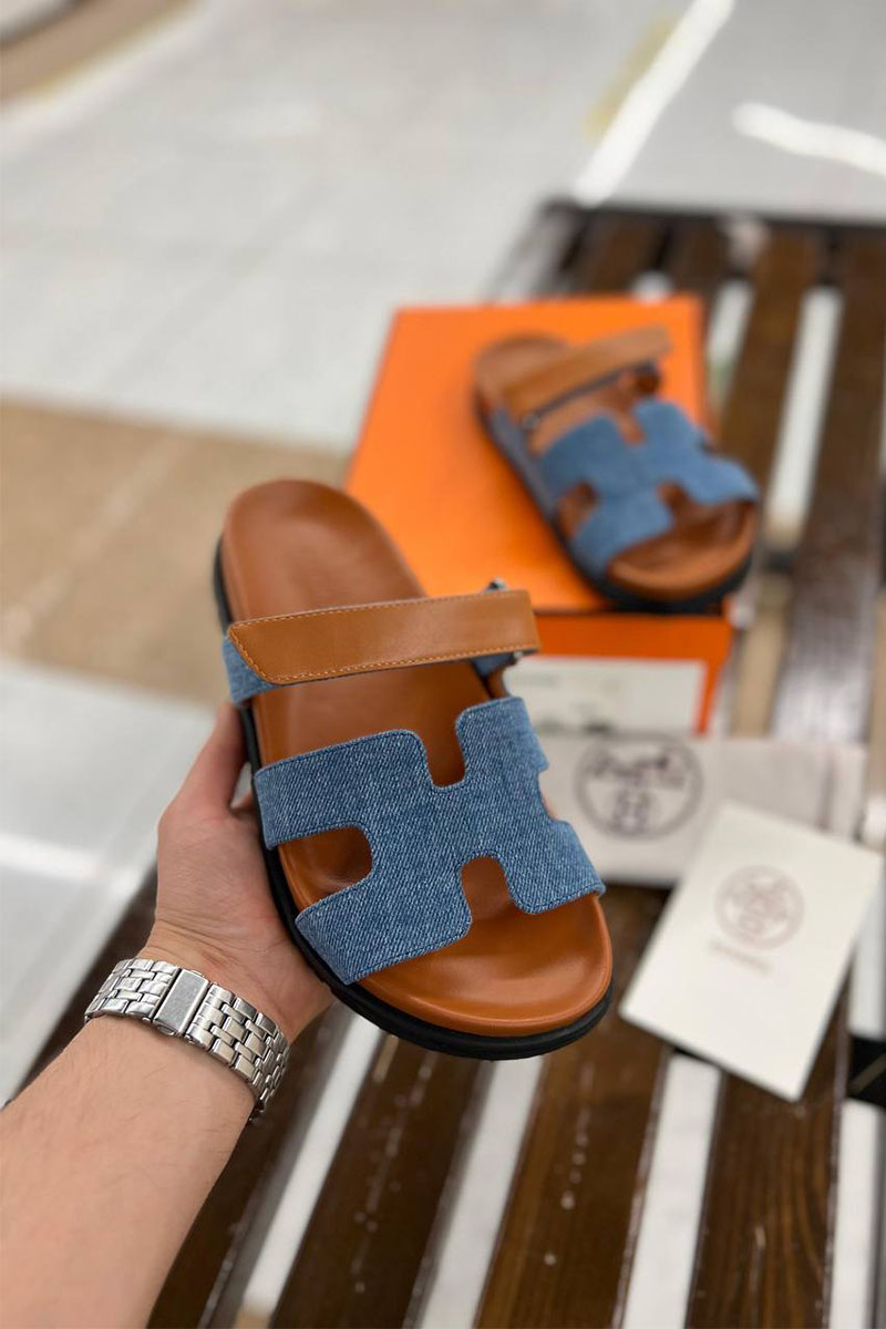 Hermes Женские кожаные сандалии Chypre - Brown / Blue