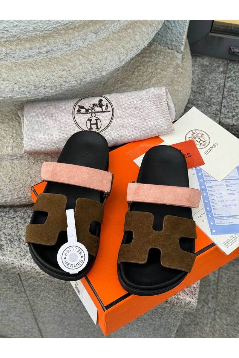 Hermes Женские замшевые сандалии Chypre - Brown / Pink