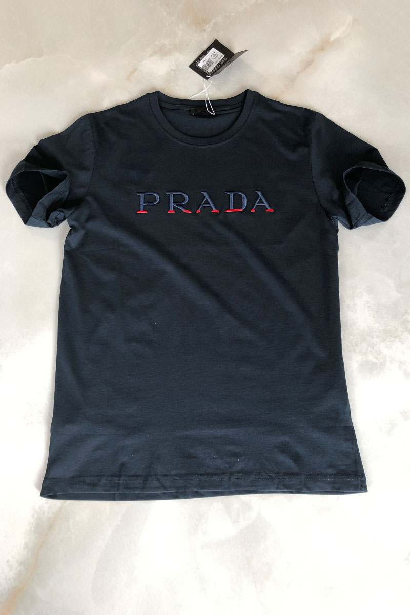 Prada Тёмно-синяя мужская футболка embroidered logo