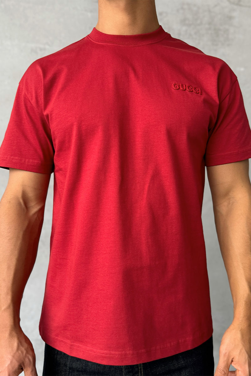 Gucci Мужская бордовая футболка logo-embroidered 