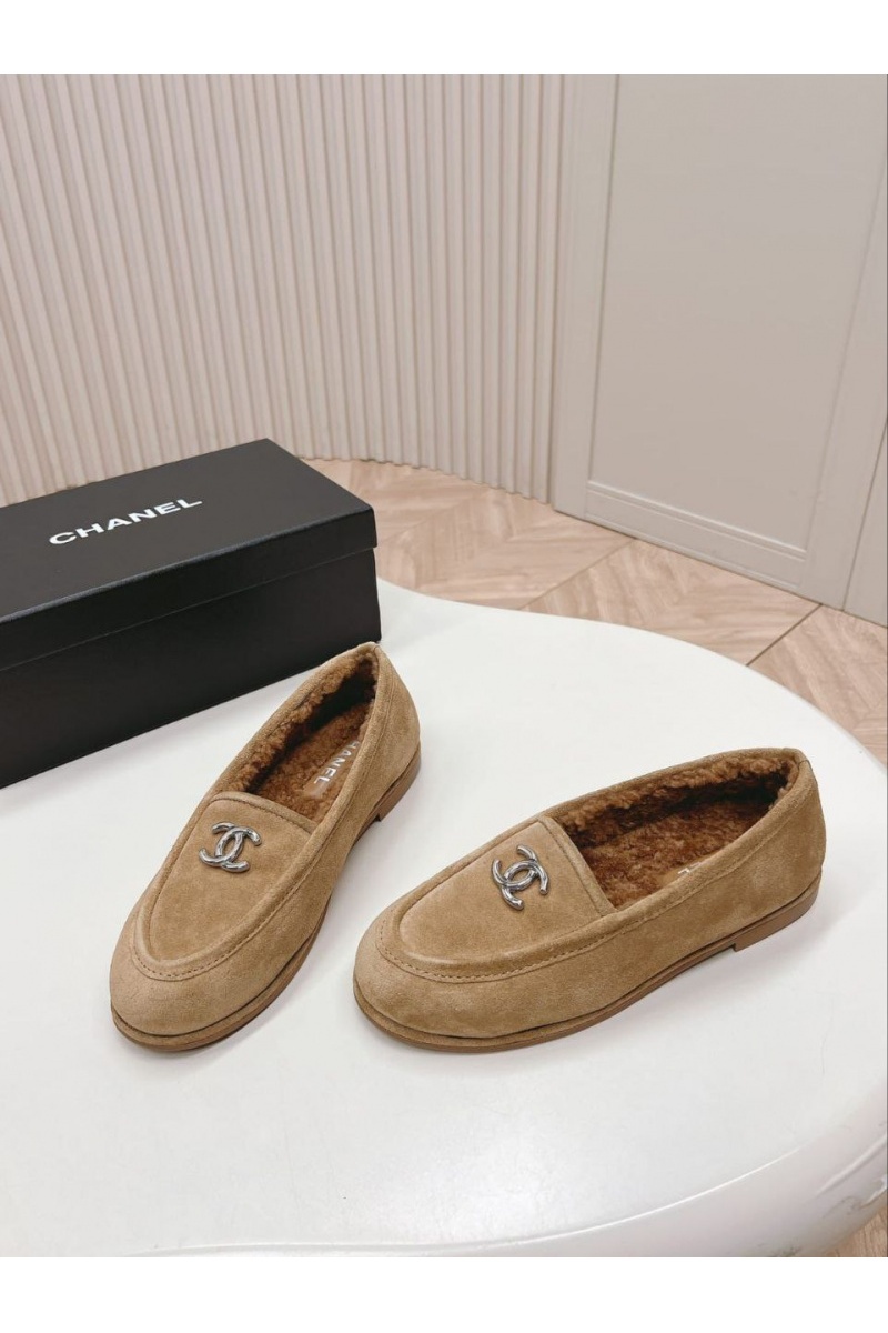 Chаnеl Женские замшевые лоферы с мехом Premium - Chestnut