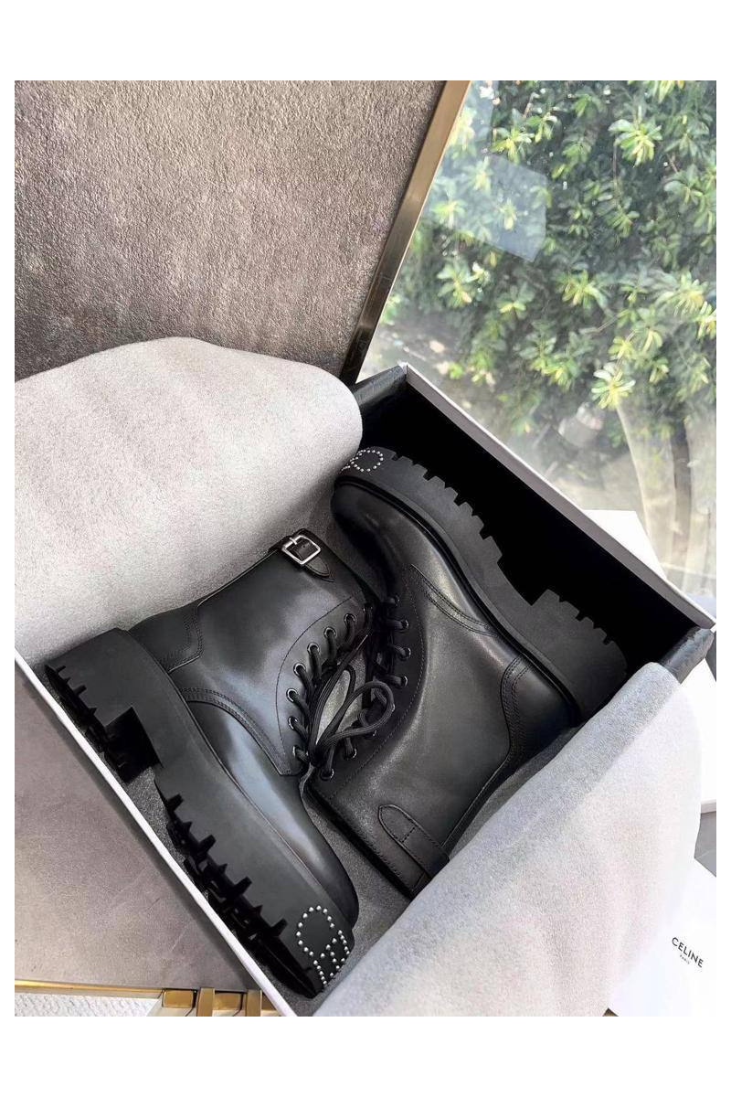 Celine Женские кожаные ботинки с мехом premium - Black