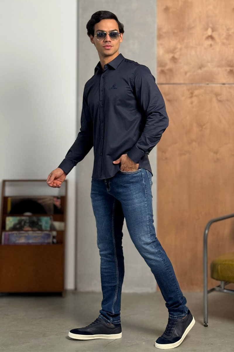 Loro Piana Мужская тёмно-синяя рубашка logo-embroidered