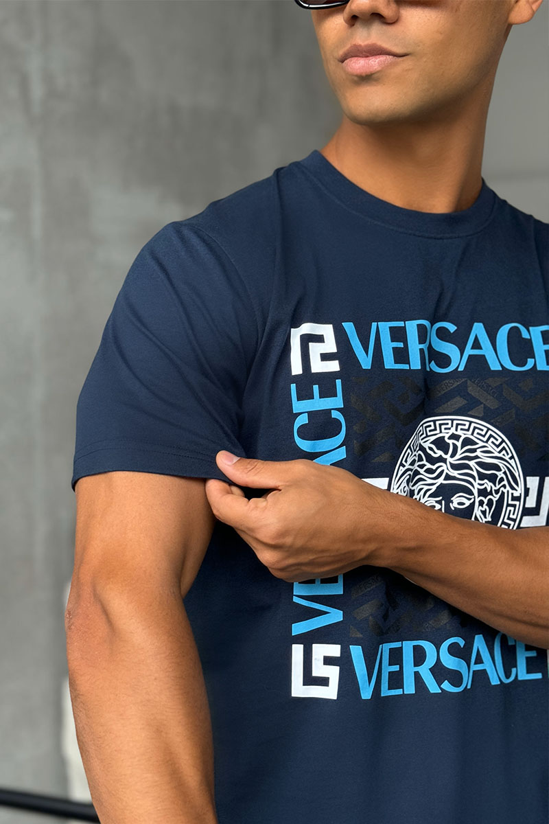 Versace Мужская синяя футболка logo-print