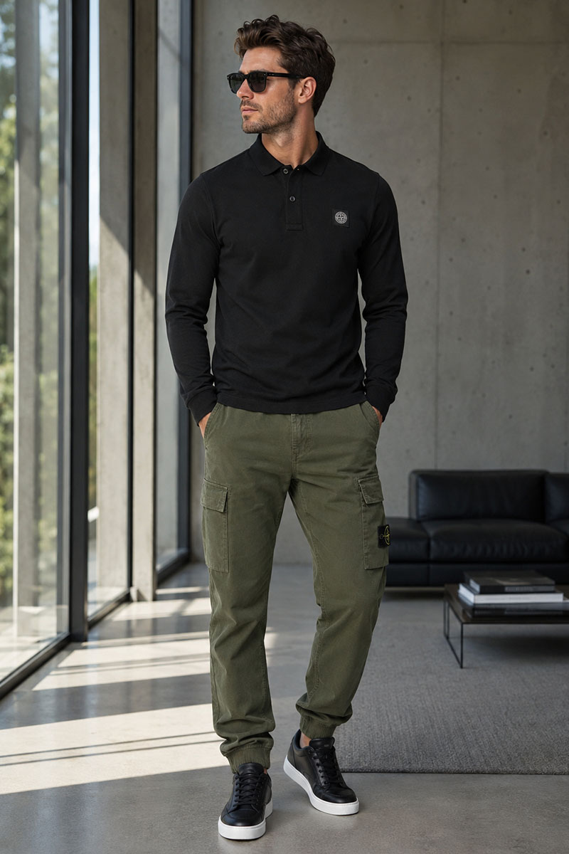 Stone Island Поло с длинным рукавом logo-patch - Black