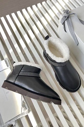 Женские кожаные угги с мехом Premium - Black