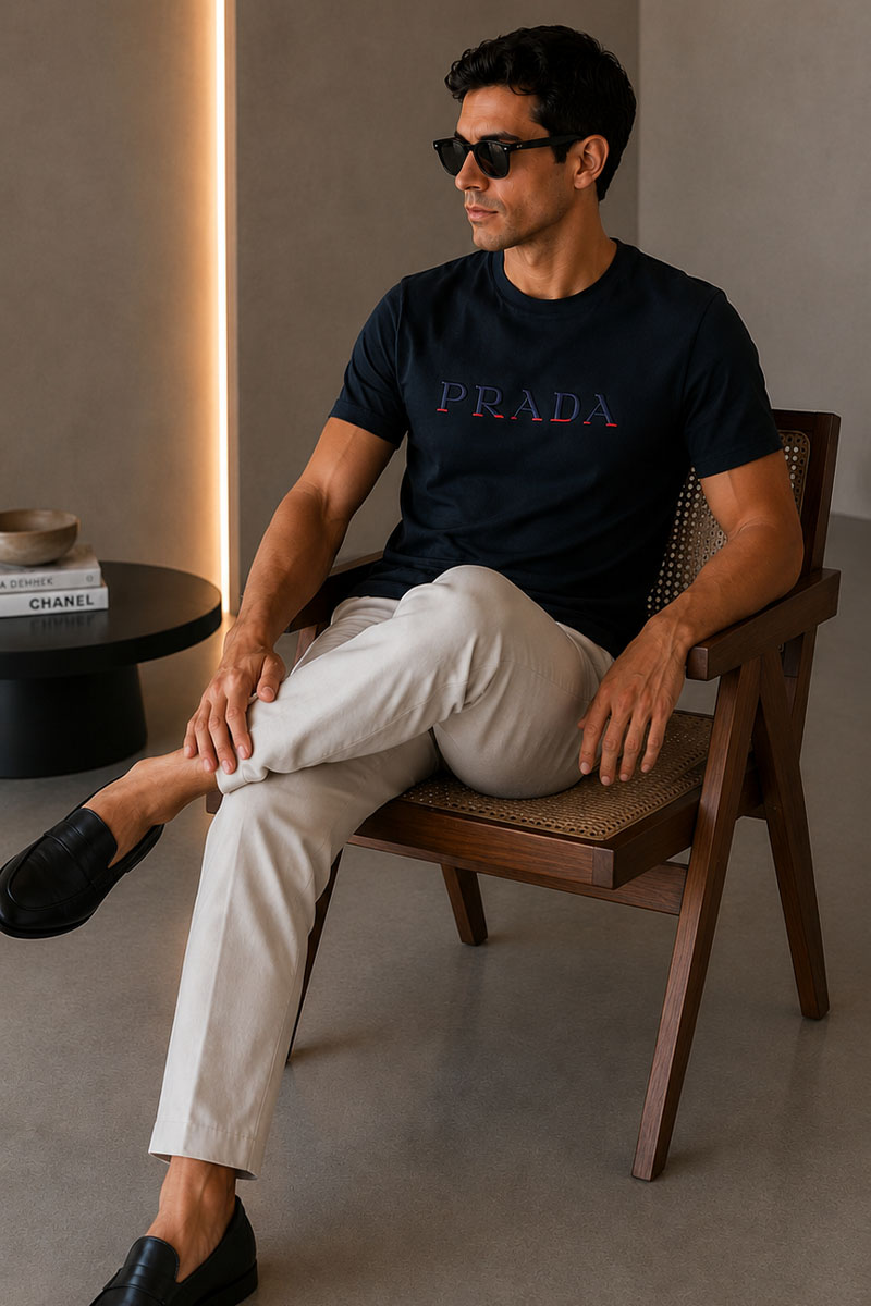 Prada Тёмно-синяя мужская футболка embroidered logo