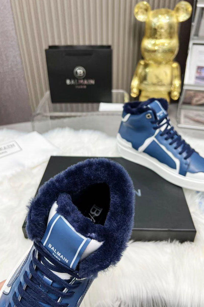 Balmain Кожаные кроссовки с мехом high-top - Blue / White