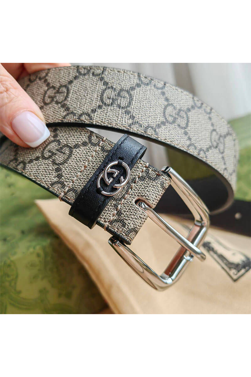 Gucci Брендовый ремень GG Monogram Beige / Silver (длина 90 см)