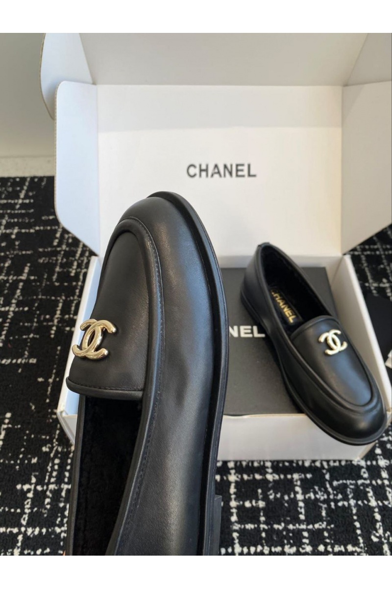 Chаnеl Женские кожаные лоферы с мехом Premium - Black