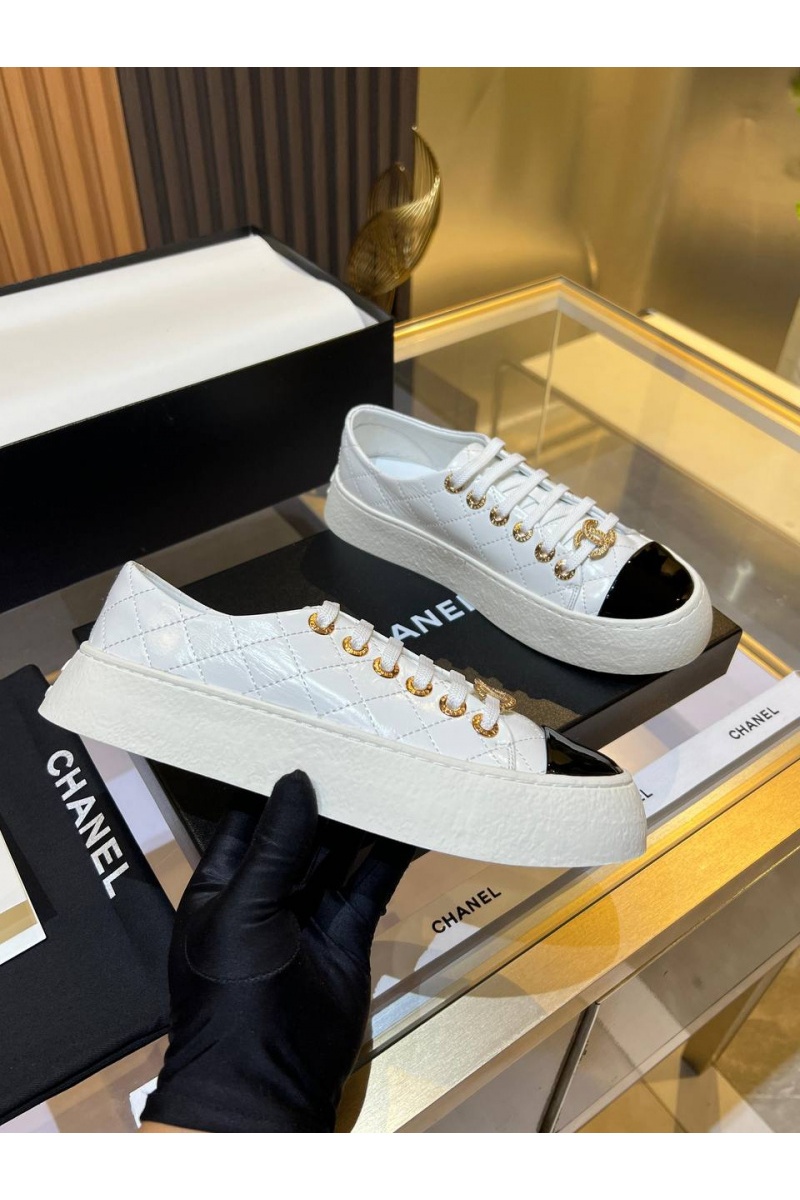 Chаnеl Женские кожаные кроссовки Premium - White / Black