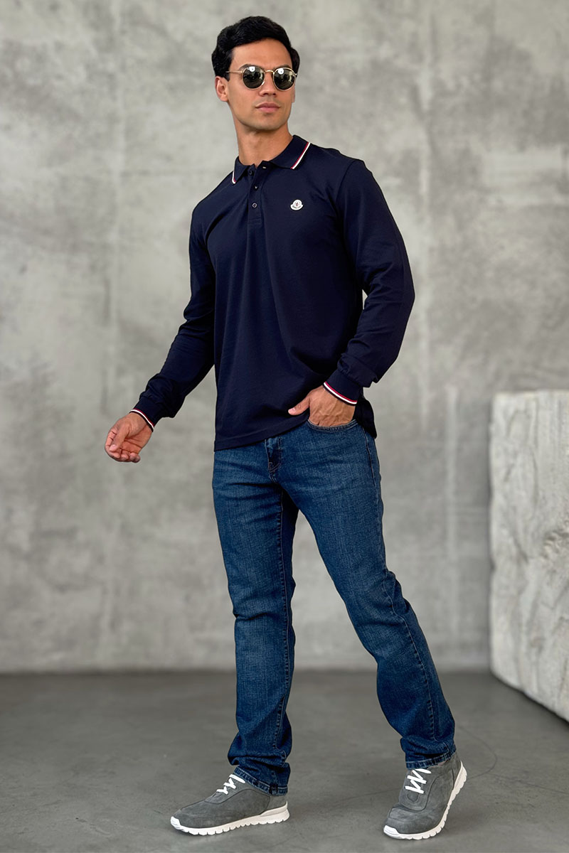 Moncler Тёмно-синее поло с длинным рукавом logo-patch