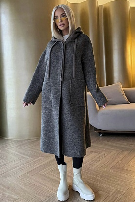 Женское шерстяное пальто с капюшоном Premium - Grey