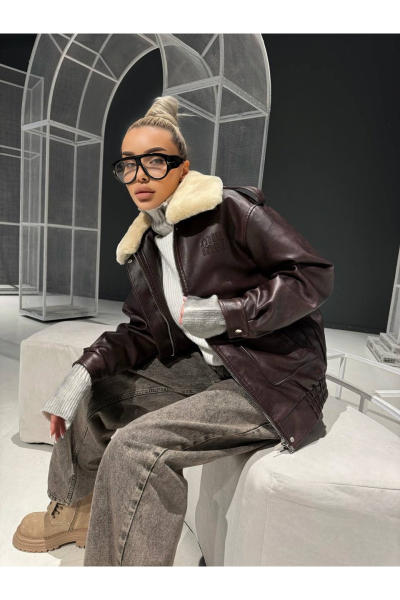 MIU MIU Женская кожаная дубленка с меховым воротом