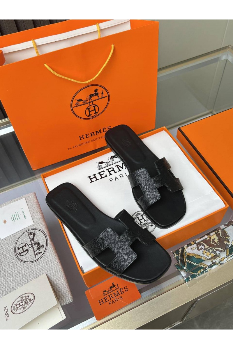 Hermes Женские кожаные шлёпанцы Premium - Black