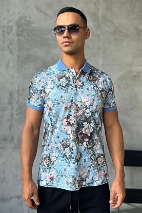 Мужское поло "Floral" - Blue / Pink 