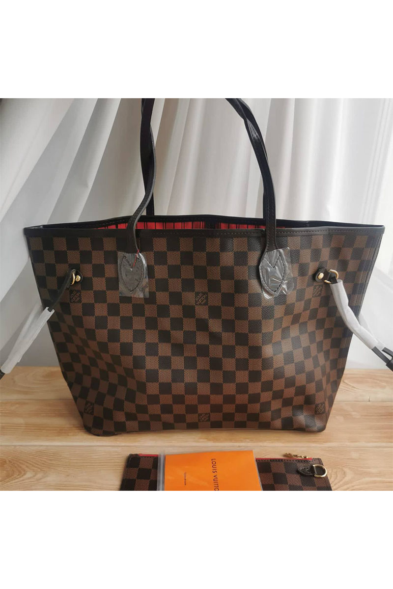 Lоuis Vuittоn Женская кожаная сумка Neverfull MM Damier Ebene 33x30 см