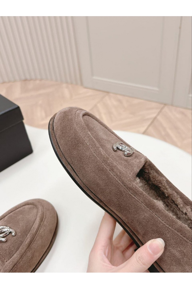 Chаnеl Женские замшевые лоферы с мехом Premium - Brown