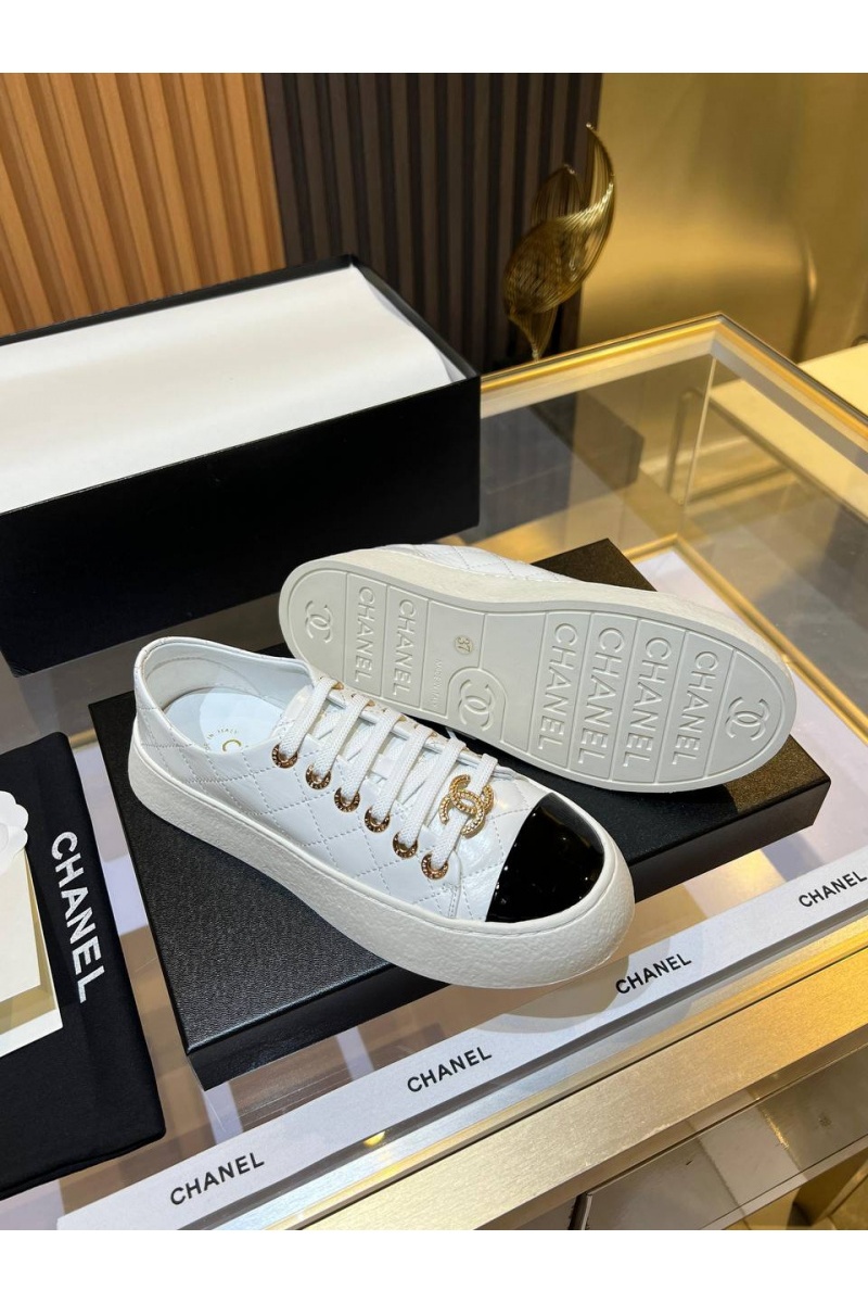Chаnеl Женские кожаные кроссовки Premium - White / Black