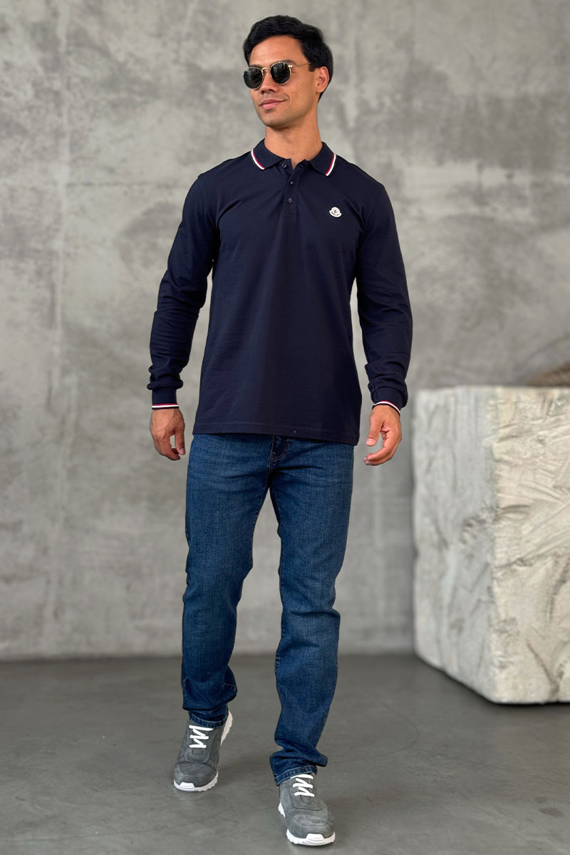 Moncler Тёмно-синее поло с длинным рукавом logo-patch
