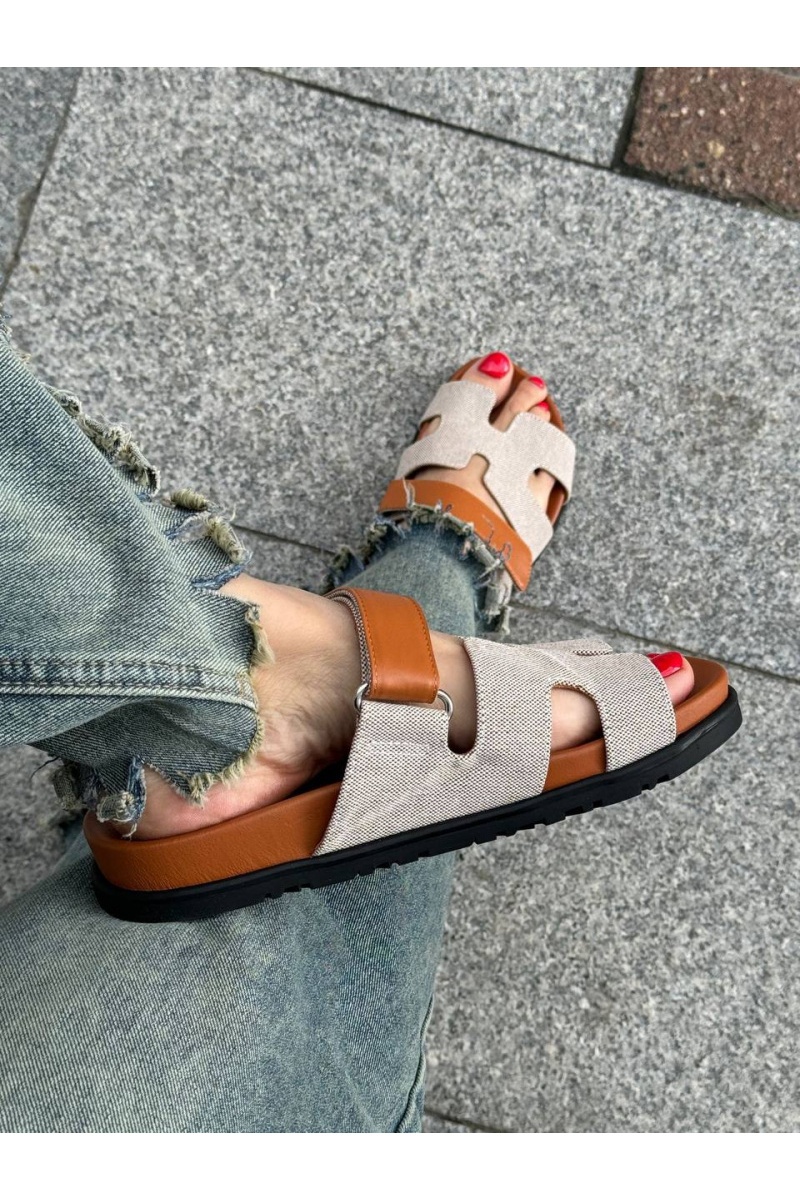 Hermes Женские кожаные сандалии Chypre - Brown / Beige