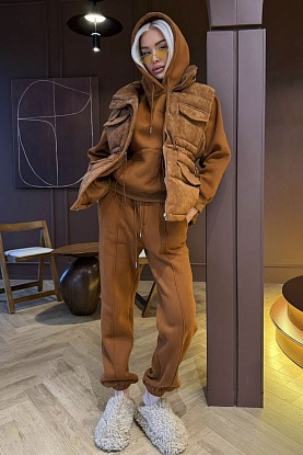 Женский костюм тройка на флисе premium - Chestnut