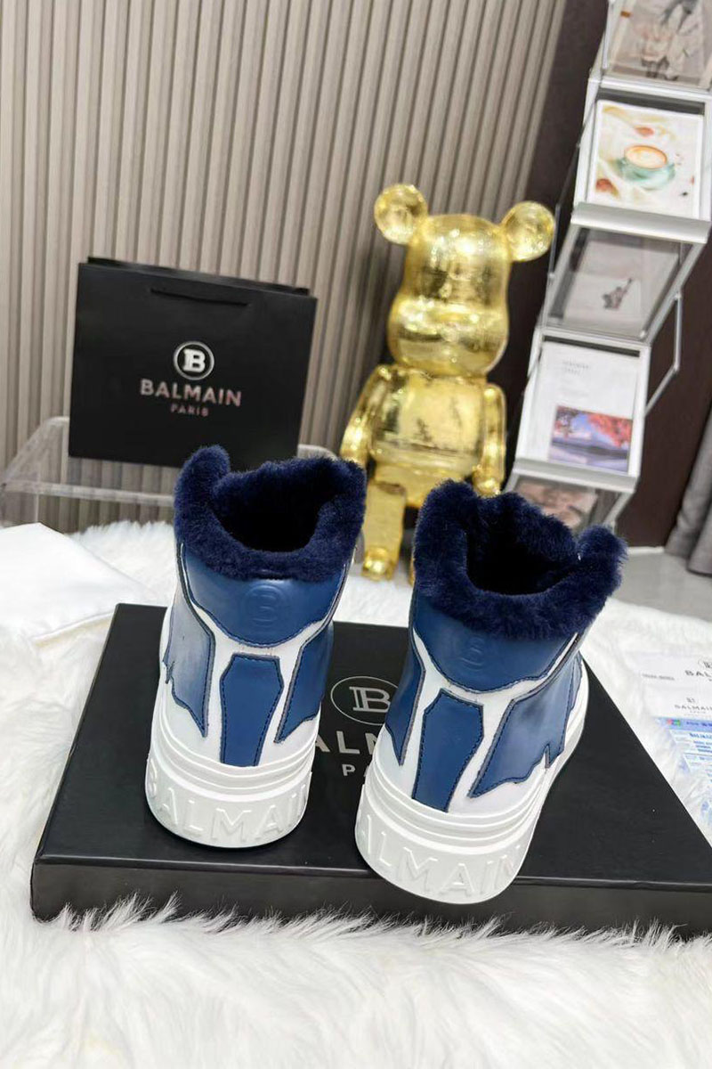 Balmain Кожаные кроссовки с мехом high-top - Blue / White