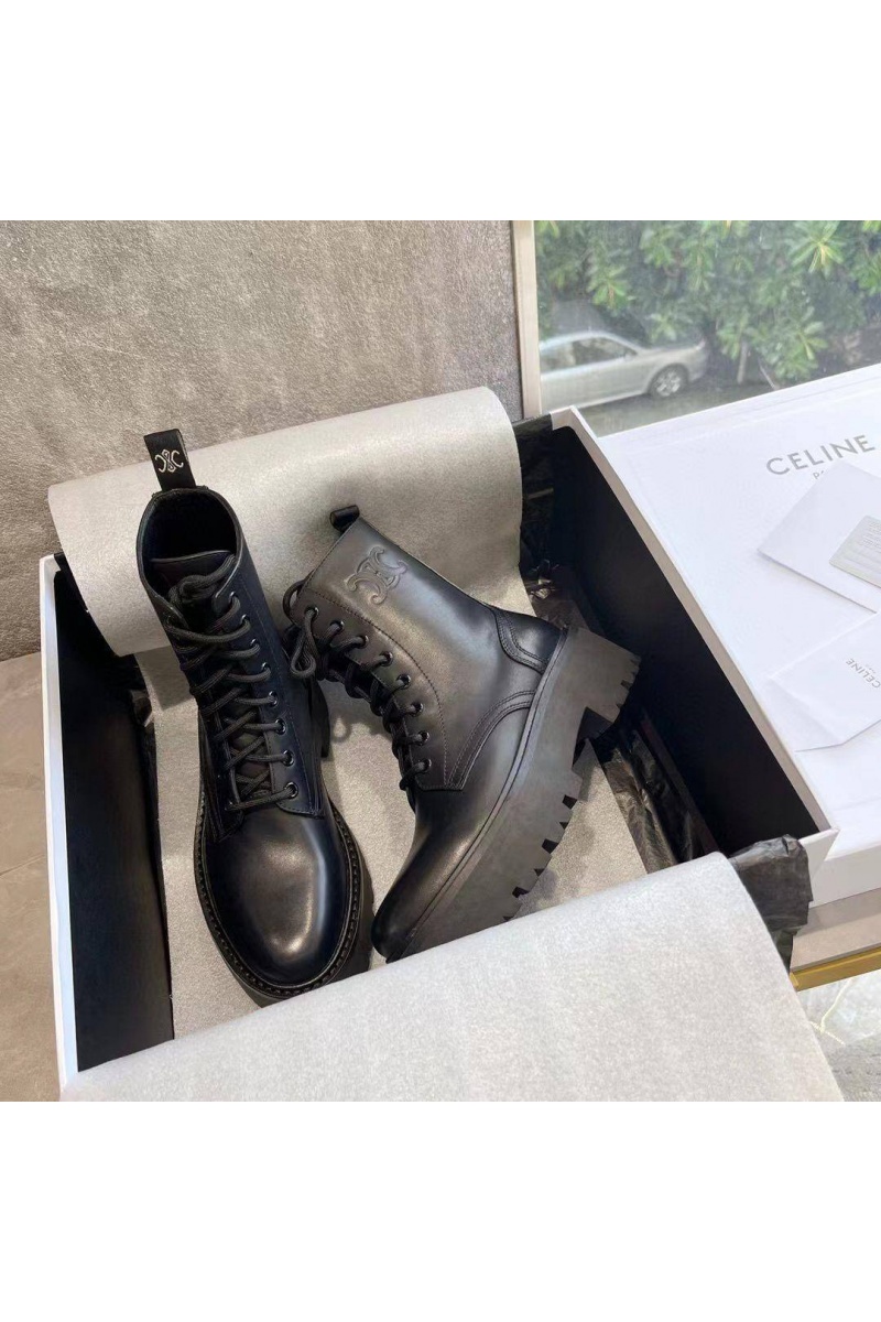 Celine Женские кожаные ботинки с мехом premium - Black