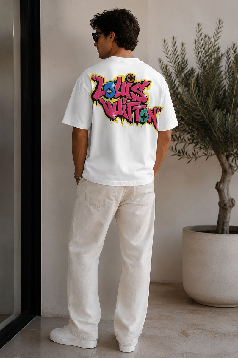 Lоuis Vuittоn Белая оверсайз футболка graffiti-logo 