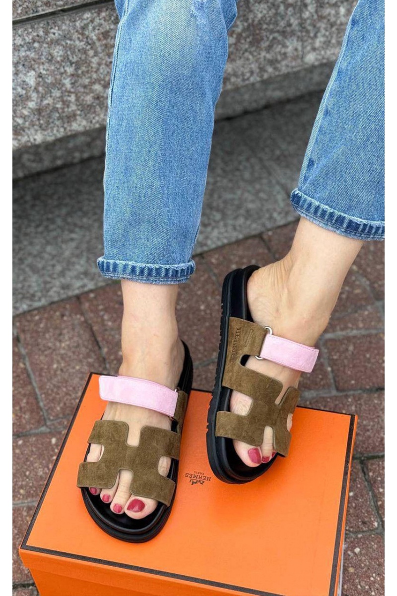 Hermes Женские замшевые сандалии Chypre - Pink / Brown