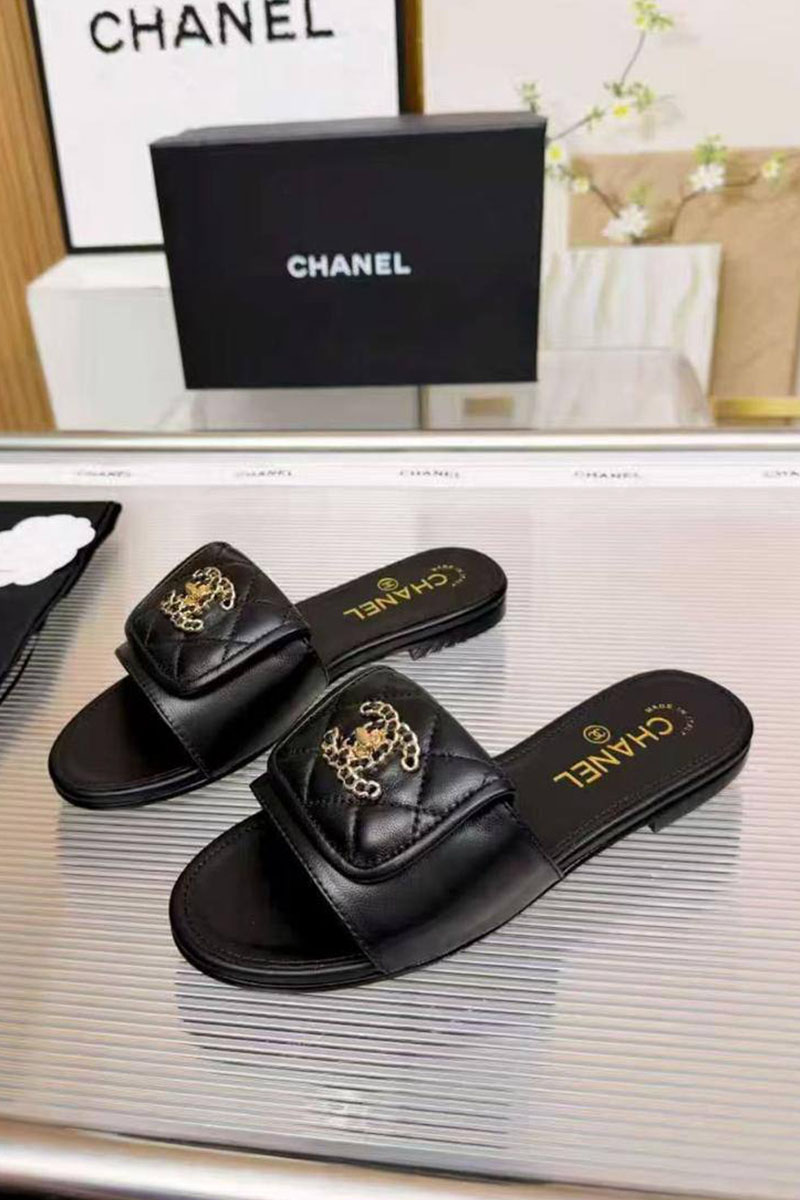 Chаnеl Женские кожаные шлёпанцы premium