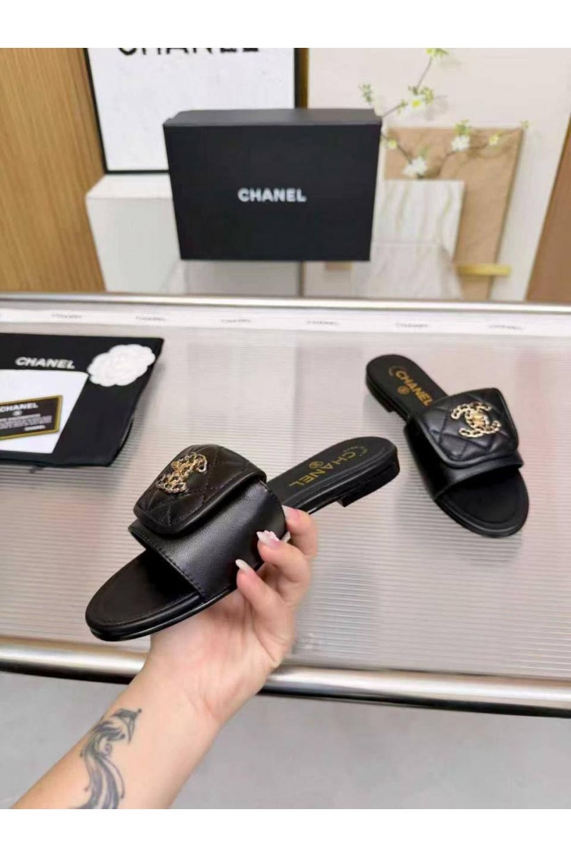 Chаnеl Женские кожаные шлёпанцы premium