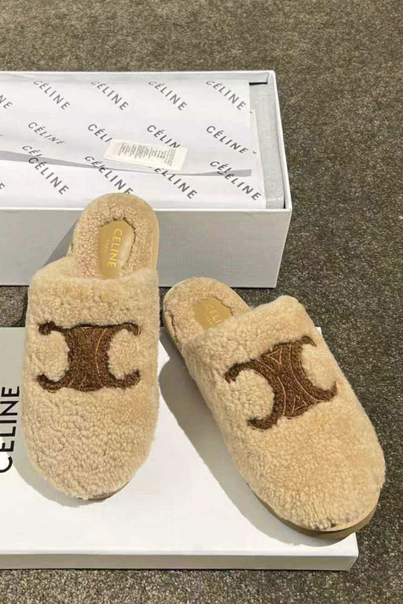Celine Женские меховые шлёпанцы Triomphe premium
