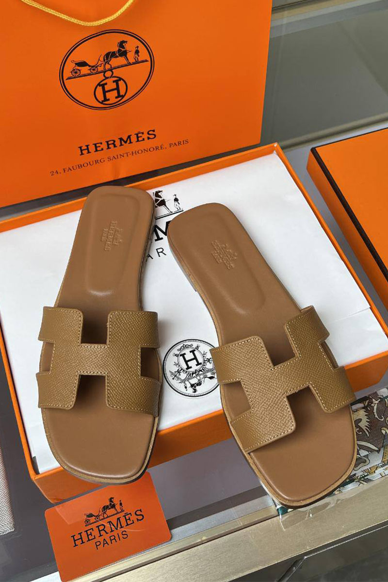 Hermes Женские кожаные шлёпанцы Premium - Chestnut