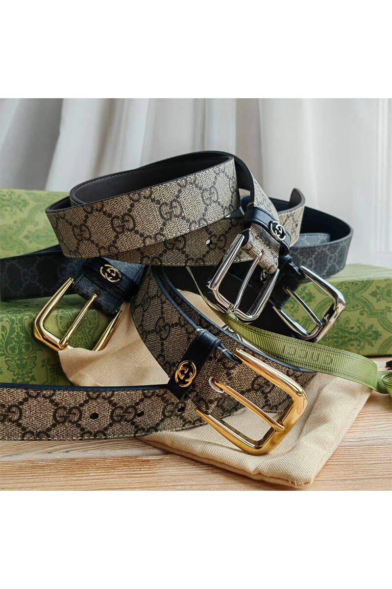Gucci Брендовый ремень GG Monogram Beige / Silver (длина 90 см)