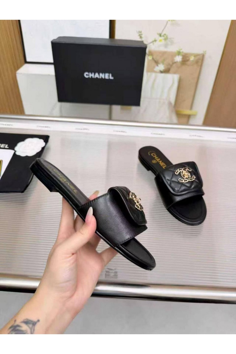 Chаnеl Женские кожаные шлёпанцы premium