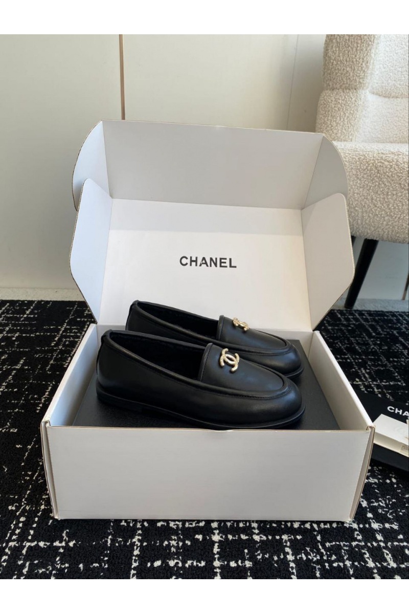 Chаnеl Женские кожаные лоферы с мехом Premium - Black
