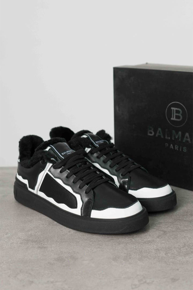Balmain Кожаные кроссовки с мехом low-top - Black / White