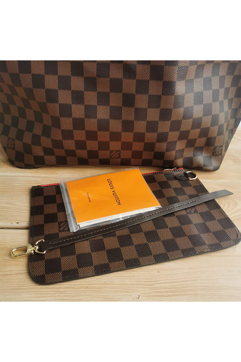 Lоuis Vuittоn Женская кожаная сумка Neverfull MM Damier Ebene 33x30 см