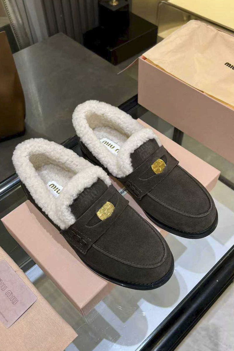 MIU MIU Женские лоферы с мехом premium  - Brown