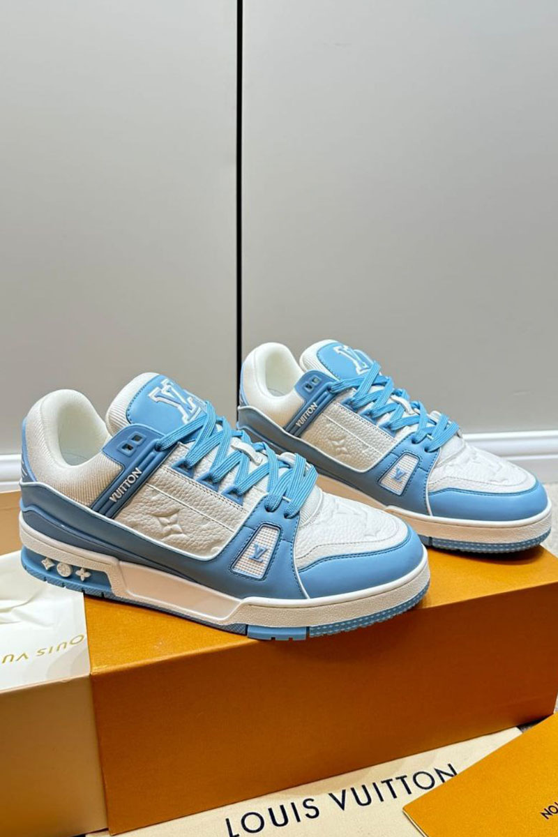 Lоuis Vuittоn Женские кожаные кроссовки Trainer Monogram - White / Blue
