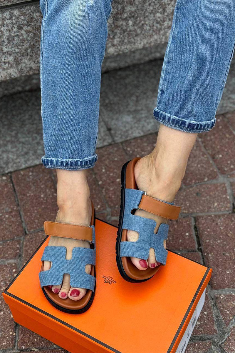 Hermes Женские кожаные сандалии Chypre - Brown / Blue