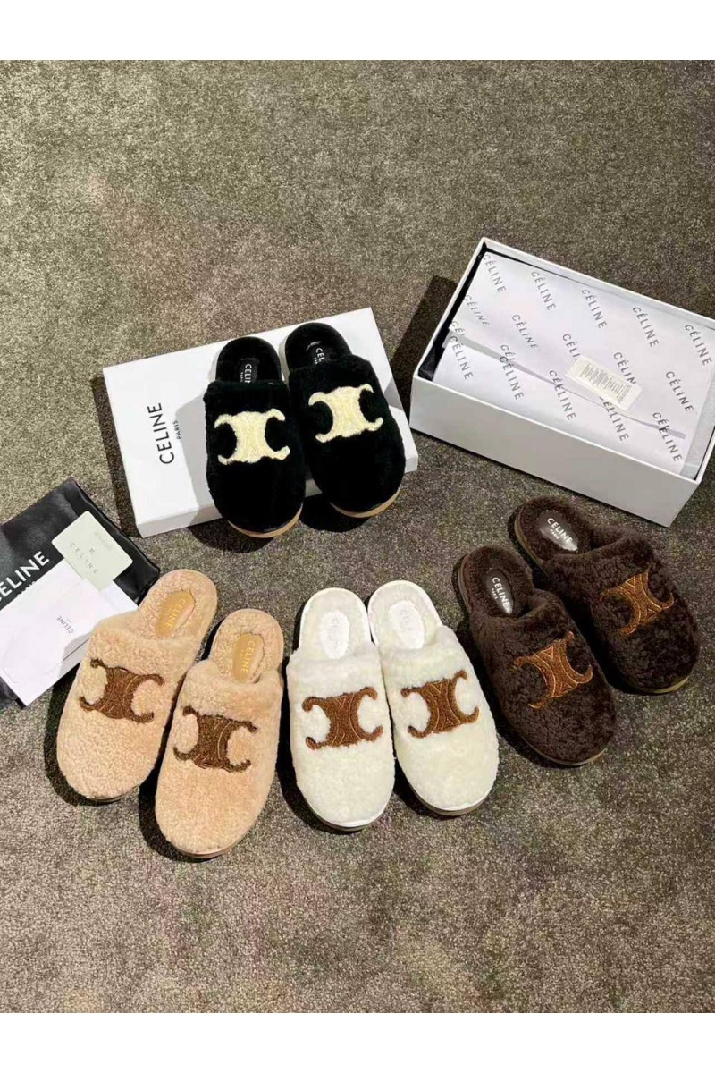 Celine Женские меховые шлёпанцы Triomphe premium