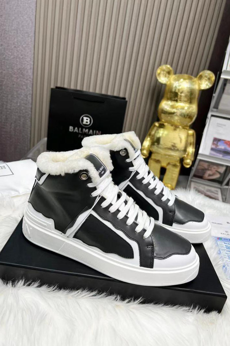 Balmain Кожаные кроссовки с мехом high-top - Black / White
