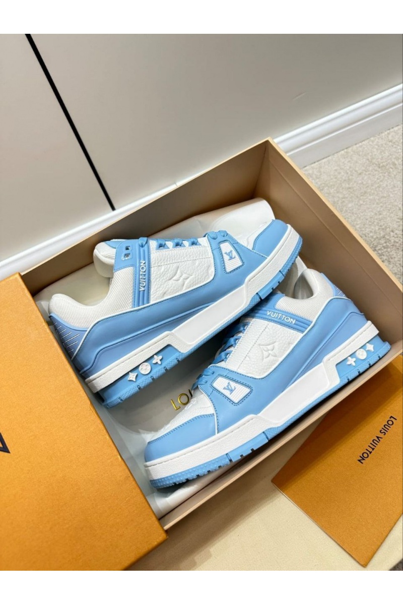 Lоuis Vuittоn Женские кожаные кроссовки Trainer Monogram - White / Blue