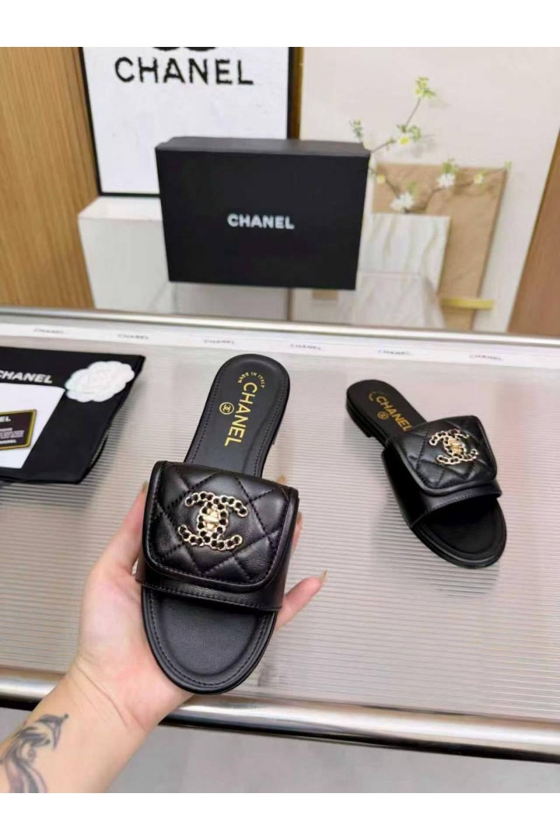 Chаnеl Женские кожаные шлёпанцы premium