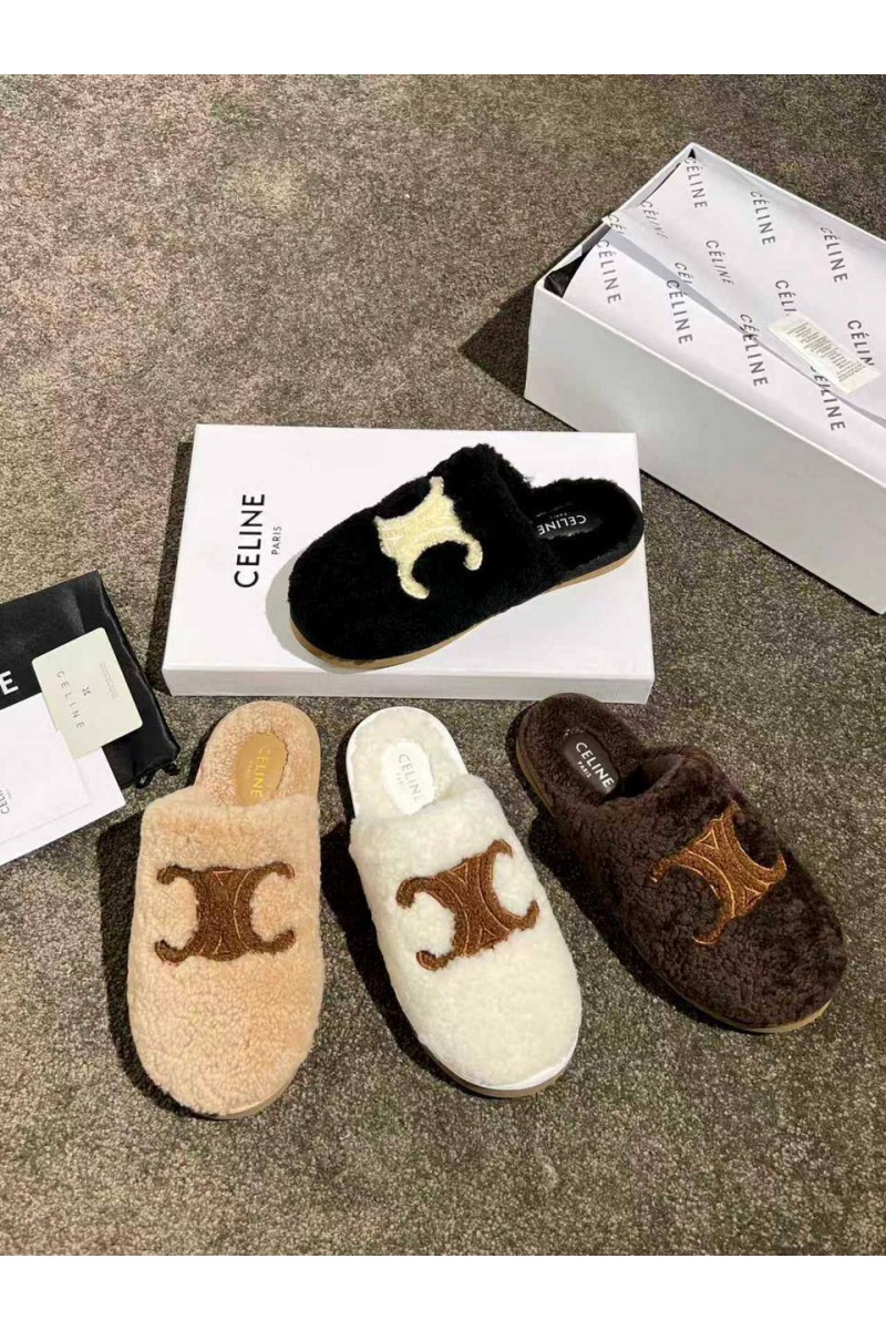 Celine Женские меховые шлёпанцы Triomphe premium