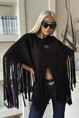 Женское шерстяное пончо premium - Black