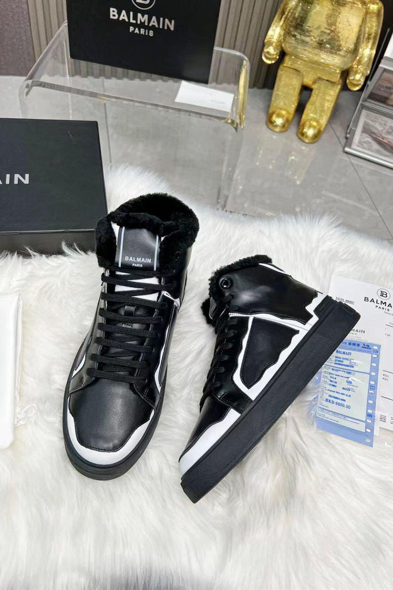 Balmain Кожаные кроссовки с мехом high-top - Black / White